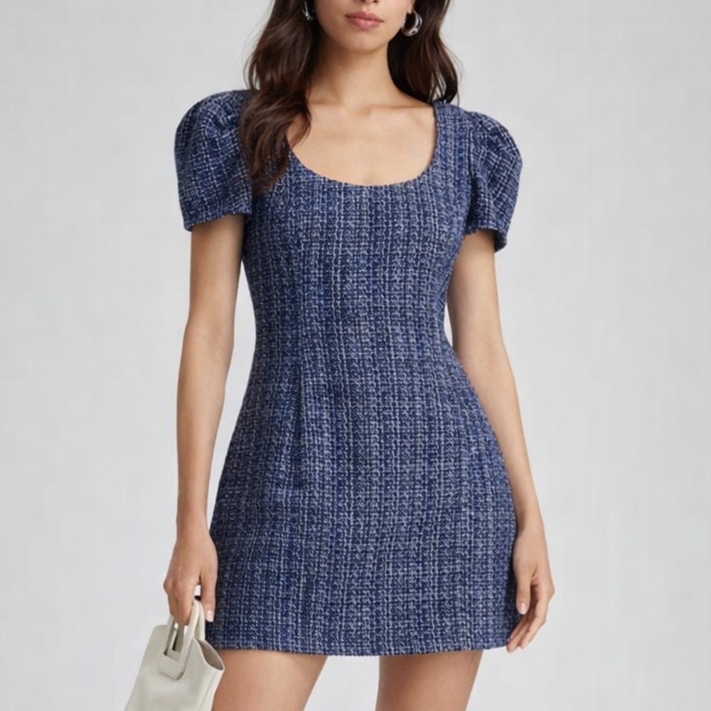 🆕 AQUA Tweed Mini Dress Blue Gold Lurex Puff Sleeve Scoop Neck Size M Casual